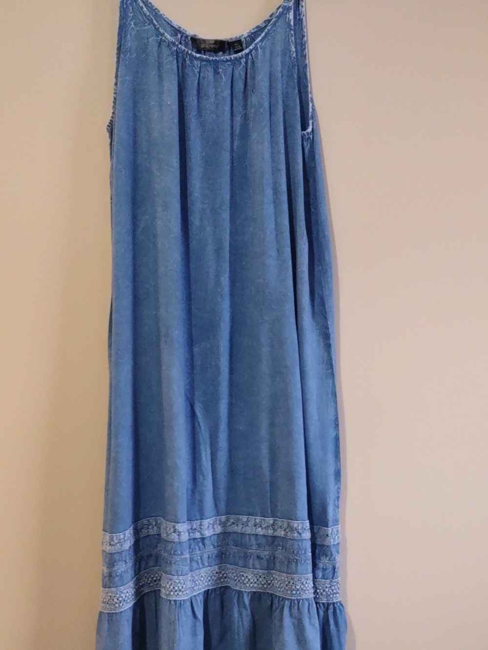 MILE GABRIELLE Acid Wash Blue Maxi Dress Lace Trim Tiered Ruffle XL